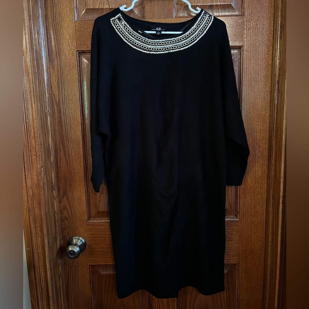 AGB Large Black Sweater Knit Dress Details Around Neck